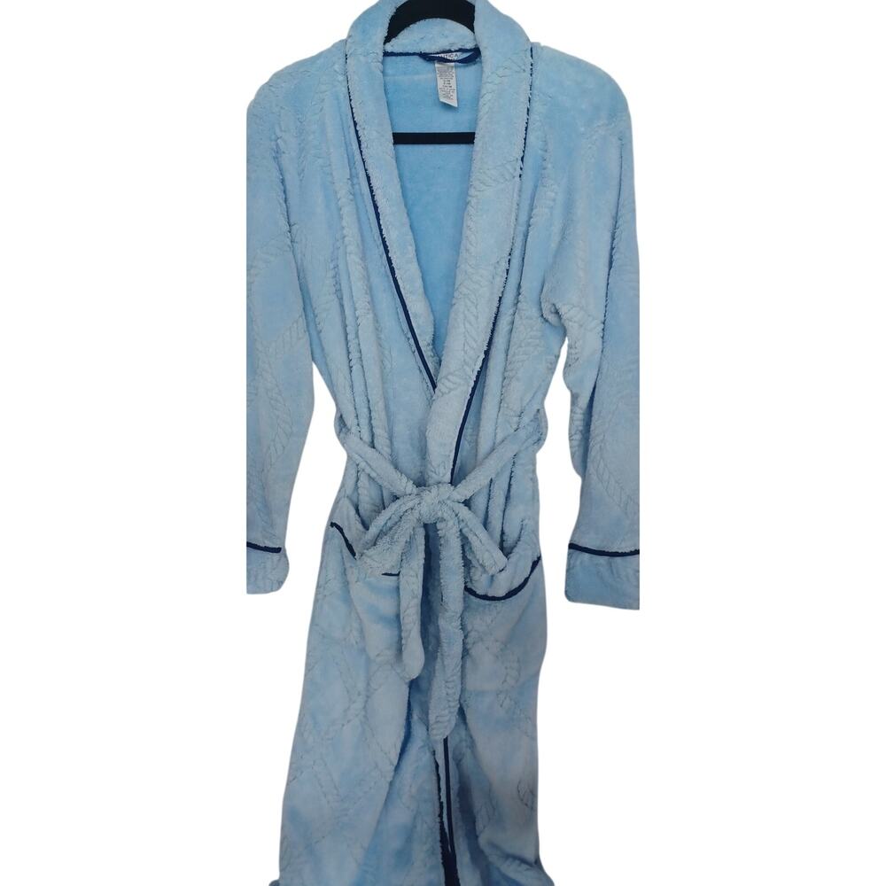 Nautica Blue Plush Shawl Collar Bathrobe Size S/M Preppy Cozy Classic Loungewear